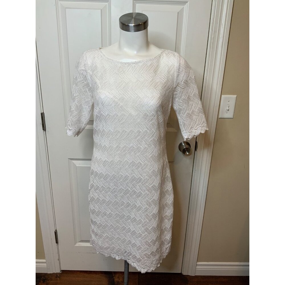 Trina Turk White Sheer Loose Knit Short Sleeve Dress W/ Slip, Size 4 (US)